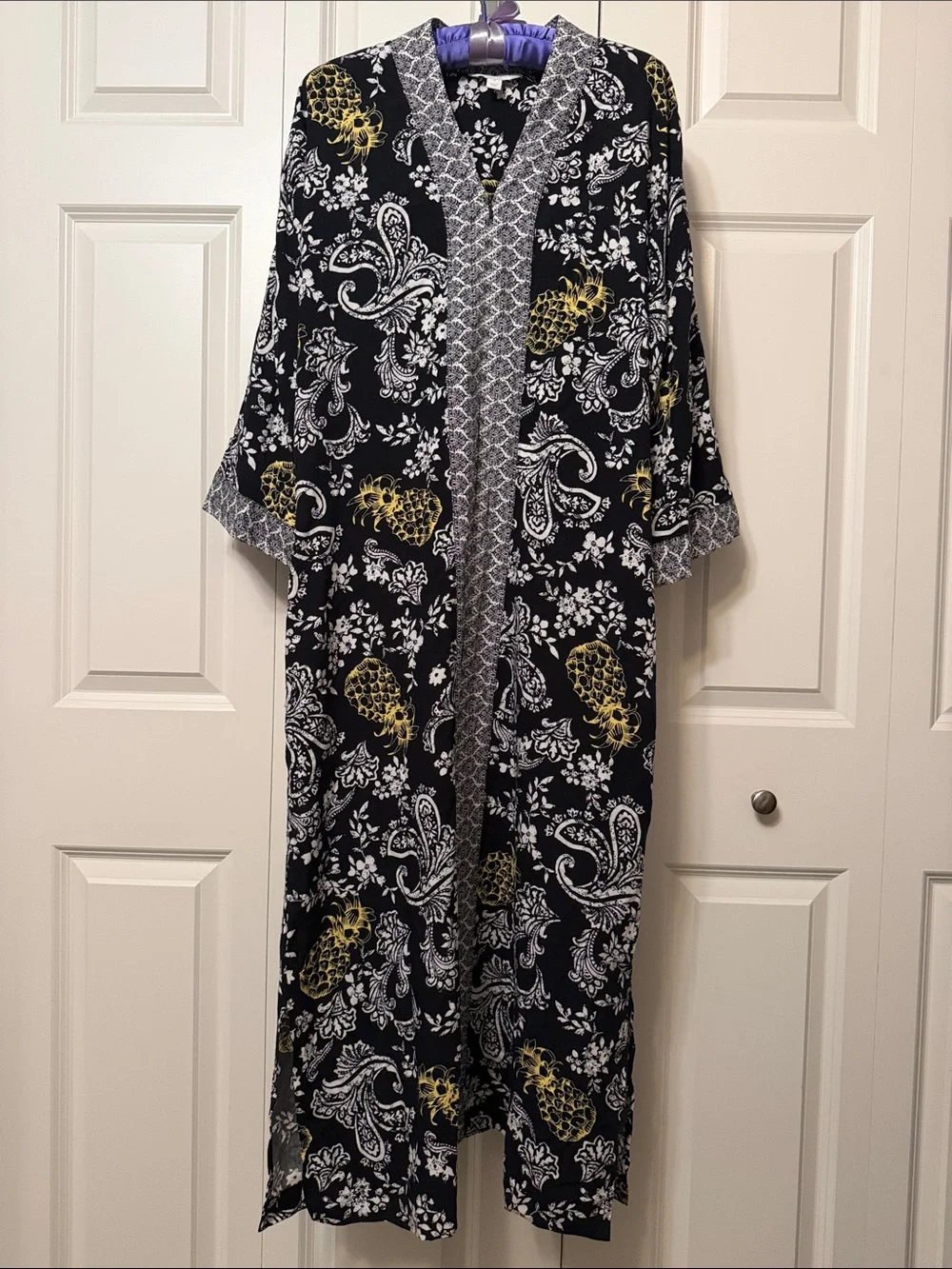Charter Club Intimates Black Paisley & Pineapple Print Kimono Robe